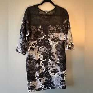 Linea Domani Black and White Floral Dress with Sheer Lace, Sequins, 3/4 Sleeves.